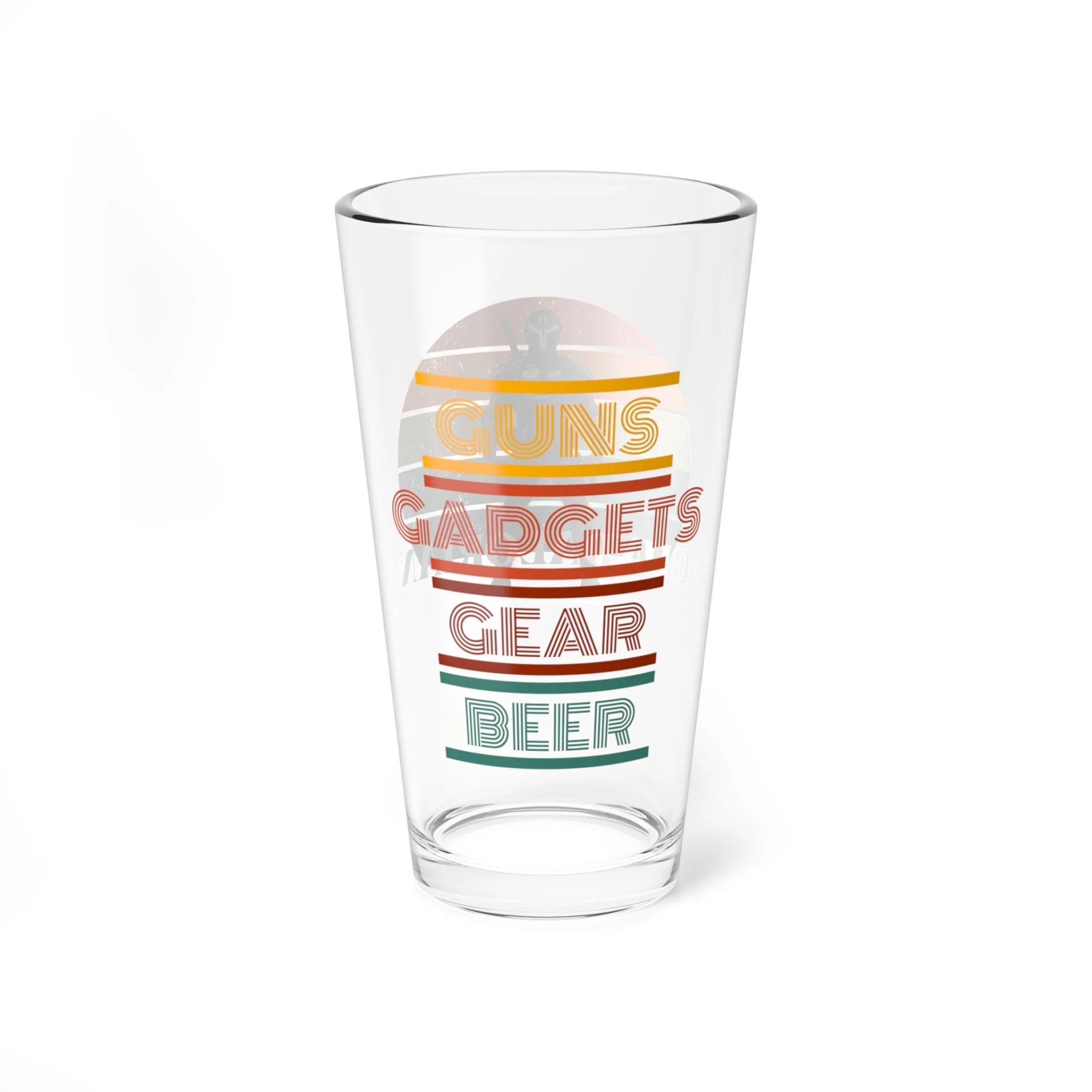 Retro Guns Gadgets Gear and Beer Glass, 16oz