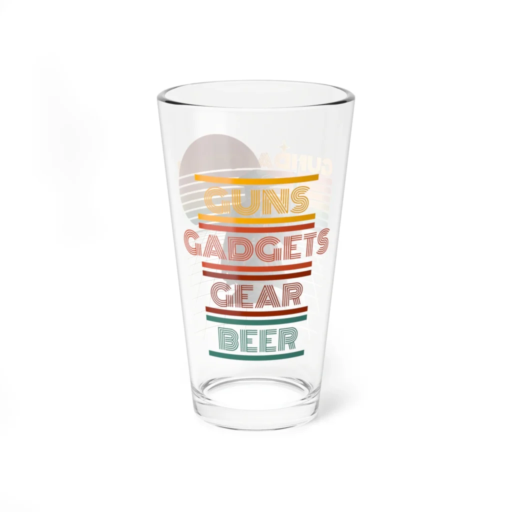 Retro Guns Gadgets Gear and Beer Glass Two, 16oz