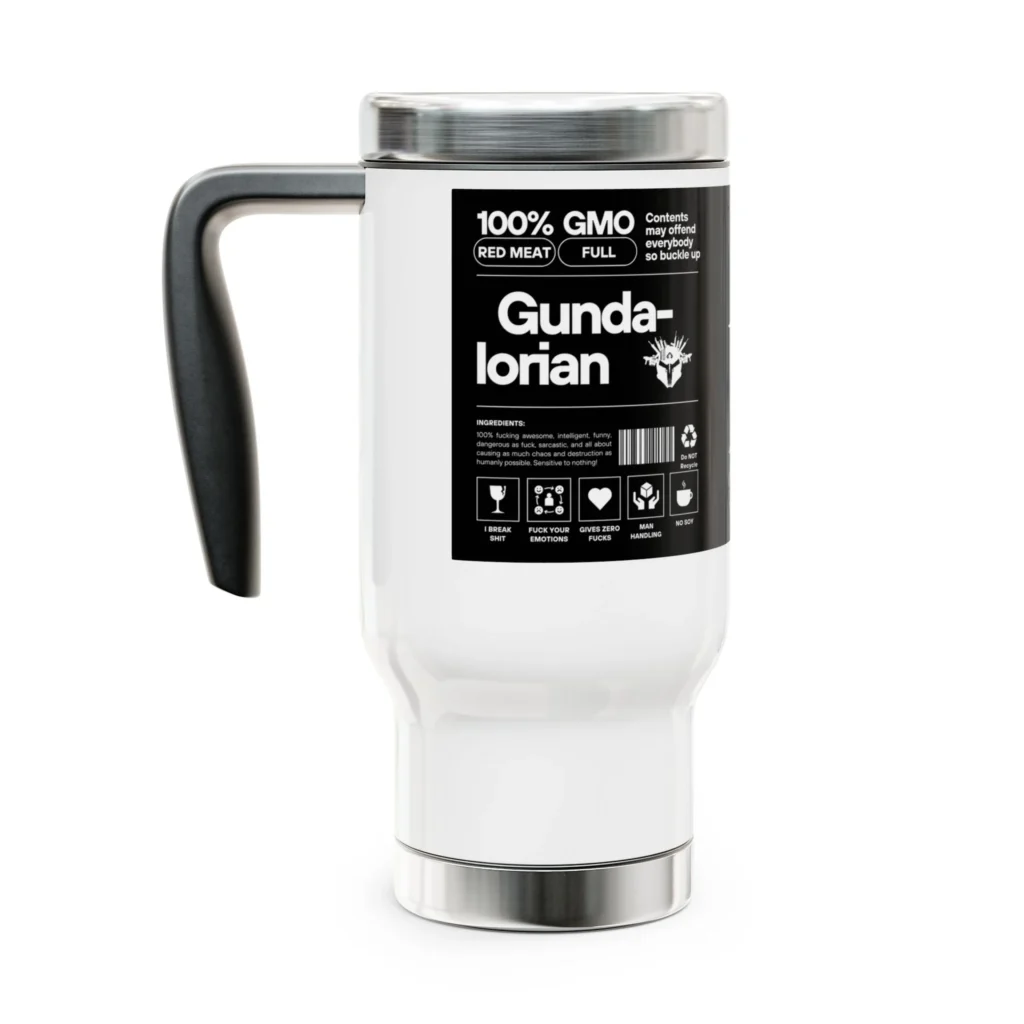 Please Be Offended GMO (Guns, Meat, and Ordnance) Stainless Steel Travel Mug with Handle, 14oz