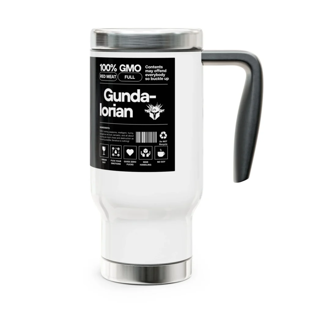 Please Be Offended GMO (Guns, Meat, and Ordnance) Stainless Steel Travel Mug with Handle, 14oz