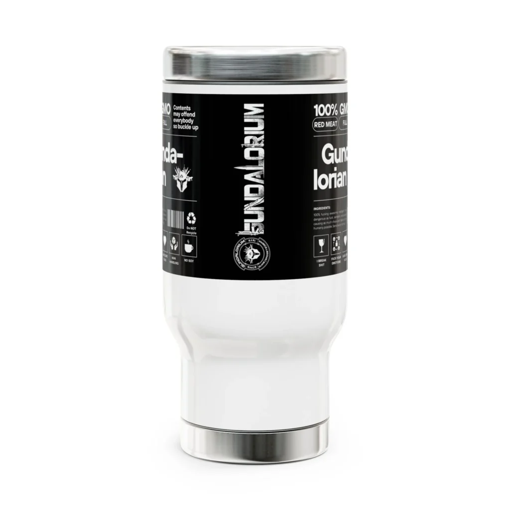 Please Be Offended GMO (Guns, Meat, and Ordnance) Stainless Steel Travel Mug with Handle, 14oz
